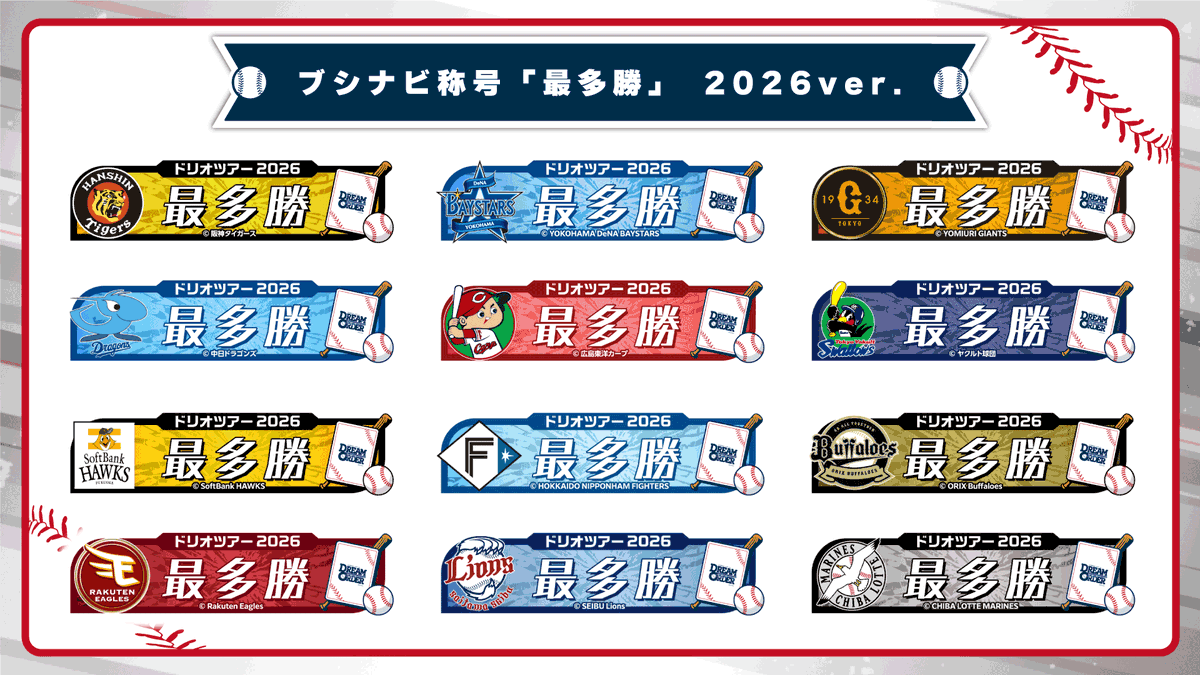 dreamorder_tcg's tweet photo. 【 #ドリオ イベント情報】
「ドリオツアー2026」にて開催の「チャレンジカップ」で獲得できる景品をご紹介✨

ー特別賞ー
ブシナビ称号「最多勝」　2026ver.

▼イベントの詳細はコチラ！
https://t.co/i78BaWJzNE
#プロ野球 https://t.co/EQWUDN0yR6