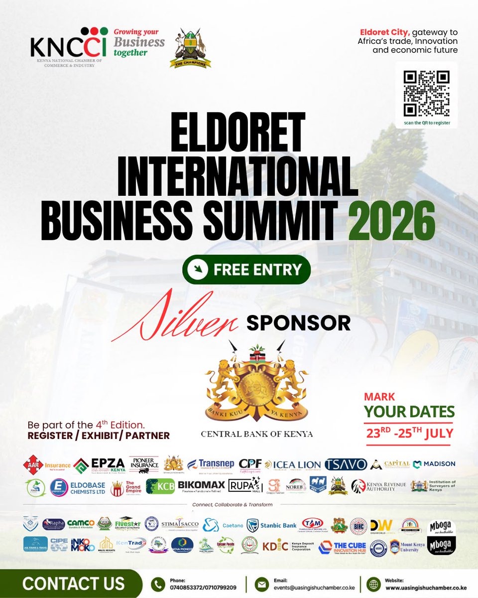 ugchapter027's tweet photo. The Eldoret International Business Summit 2026 is Here!
Meet our SILVER SPONSOR-CENTRAL BANK OF KENYA known for Maintaining price stability, issuing our currency, and fostering a secure, liquid and stable financial sector to power Kenya's growth.#EldoretSummit2026#KNCCI#CBK#Trade https://t.co/WH3Og9WZNq