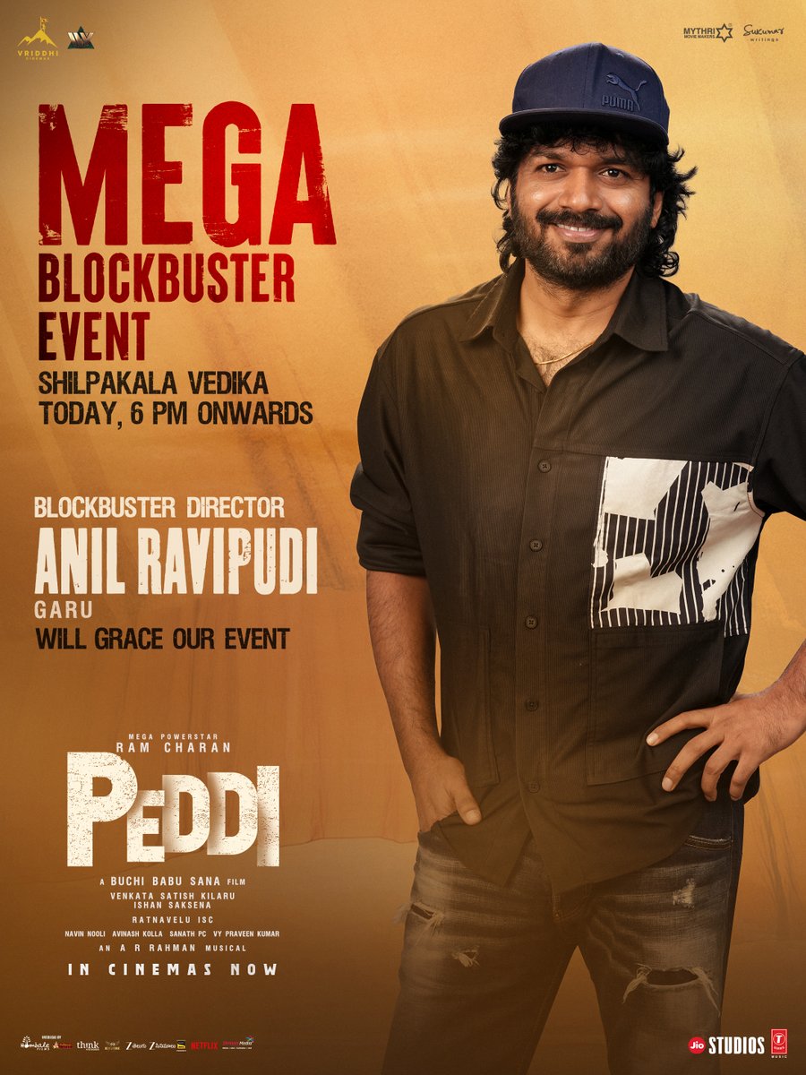 SukumarWritings's tweet photo. Blockbuster director @AnilRavipudi Garu will grace the #PEDDI MEGA BLOCKBUSTER EVENT ❤️‍🔥

Today at Shilpakala Vedika from 6 PM onwards 💥💥

▶️ https://t.co/0wEJVwWeW3

🎟️ https://t.co/9pIzoYXbet https://t.co/IGbnIBI73r