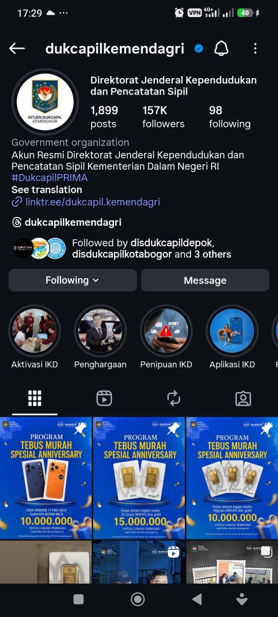 herumang's tweet photo. Akun IG Dukcapil Kemendagri diretas. Jadi jualan Emas dan HP. 😱 https://t.co/iiVf8Dvb1X