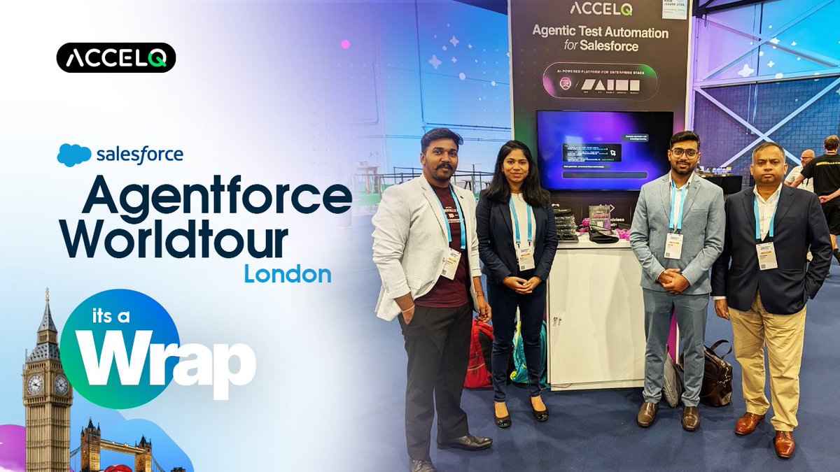 ACCELQ's tweet photo. Last week, we had an incredible time at @agentforce  World Tour London 2026, showcasing agentic quality and engaging in meaningful conversations with organizations navigating their AI transformation journeys.

A huge thank you to everyone who visited Booth #220. 

#AgentforceTour https://t.co/wGV7t6vS4P