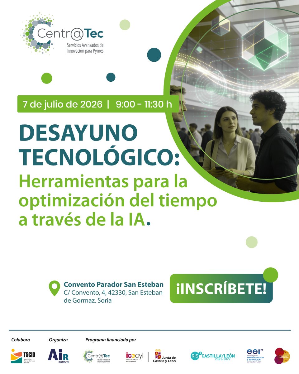 TheAirInstitute's tweet photo. 🤖 Uso de la IA para el ahorro y gestión eficiente del tiempo.

📅07/07
📍San Esteban de Gormaz, Soria
🕙09:00 h
✅Inscripción: https://t.co/XItH0j6Q98

Actividad de Centra@tec, financiado por @empresasjcyl y en colaboración @RedNODDO 

#CENTRATEC #ICECYL #RIS3CYL #Sostenibilidad https://t.co/LJCRw6SQIj