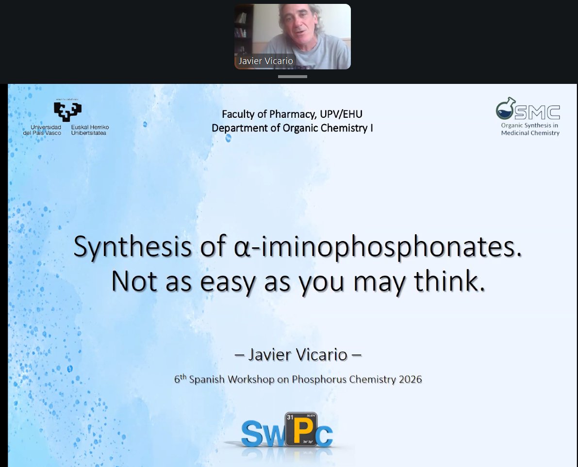 PhosChemSpain's tweet photo. We continue #SWPC with Prof. Dr. Javier Vicario (@upvehu), who presents🧪 “Synthesis of alpha-iminophosphonates. Not as easy as you may think” A challenging synthetic target in phosphorus chemistry. https://t.co/rQrO6XH2Bp