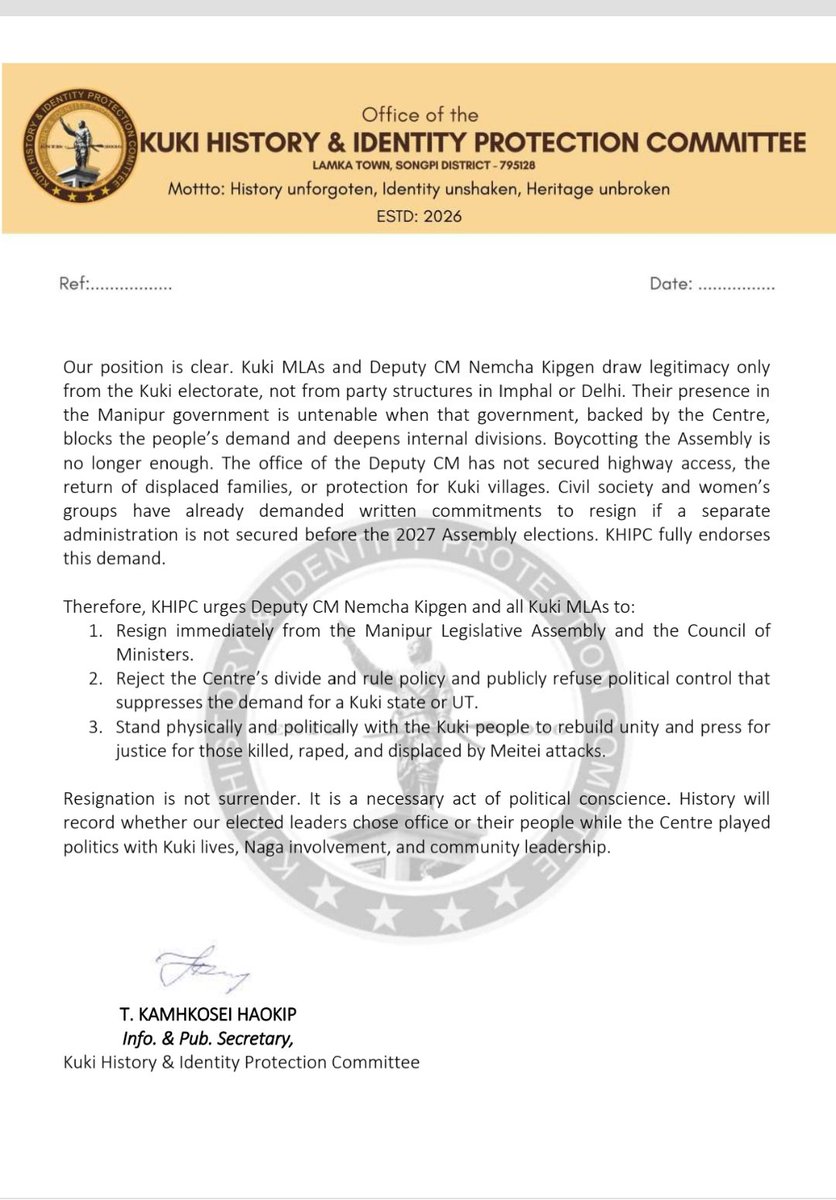 BoinuHaoki36609's tweet photo. KHIPC Urges Kuki MLAs, Deputy CM to Resign Amid Manipur Unrest

KHIPC demanded Deputy CM Nemcha Kipgen and Kuki MLAs resign immediately, citing 250+ deaths and 60,000 displaced since May 2023. The group accused the Modi government of “divide and rule” by controlling Kuki leaders while denying statehood demands. It warned the conflict is now drawing in Nagas and said resignation is a “necessary act of political conscience” to stand with their people.

READ MORE
https://t.co/8b11Mai4XB