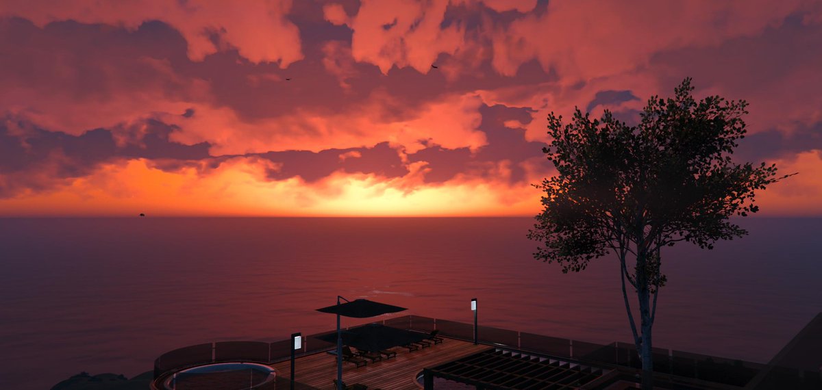 ENCHOCODE1's tweet photo. A beautiful sunset from "Tongva Estate." 
This is the home with the most beautiful sunset in the game.

#GTAV #GTAOnline  
#GTA5 #GTAO 
#Rockstargames #Snapmatic  
@RockstarGames https://t.co/xXmGqo5HoP