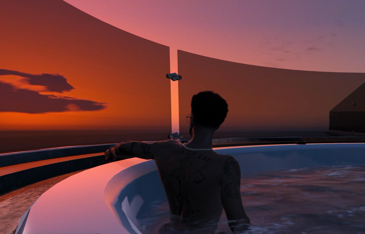 ENCHOCODE1's tweet photo. A beautiful sunset from "Tongva Estate." 
This is the home with the most beautiful sunset in the game.

#GTAV #GTAOnline  
#GTA5 #GTAO 
#Rockstargames #Snapmatic  
@RockstarGames https://t.co/xXmGqo5HoP