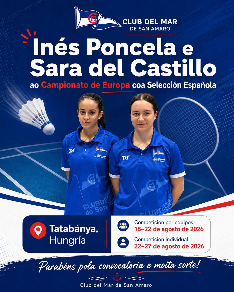 Club_del_Mar's tweet photo. Sara del Castillo e Inés Poncela, ao Europeo Sub-19 coa Selección 🇪🇸

As xogadoras do #ClubDelMar competirán do 18 ao 27 de agosto en Tatabánya, Hungría.

Parabéns e moita sorte! 💙

@BadmintonESP @BadmintonGalego @coruna_deportes 

#SanAmaro #Bádminton #Coruña #EuropeoSub19 https://t.co/rDnNjCGC5e
