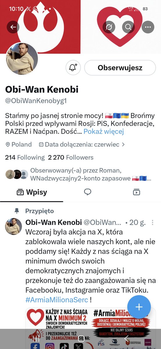 MariaZielinsk16's tweet photo. ‼️‼️‼️‼️PILNE PILNE‼️‼️‼️‼️
OBI prosil mnie abym Was poinformowała że ma limity na X,  nie może nic robić, pisać, dawać lajków,  ani oddawać Follow.  Musimy czekać aż go puszcza. Sama nie mam od niego Follow back 
@ObiWanKenobyg1 https://t.co/bFpzMRBg89