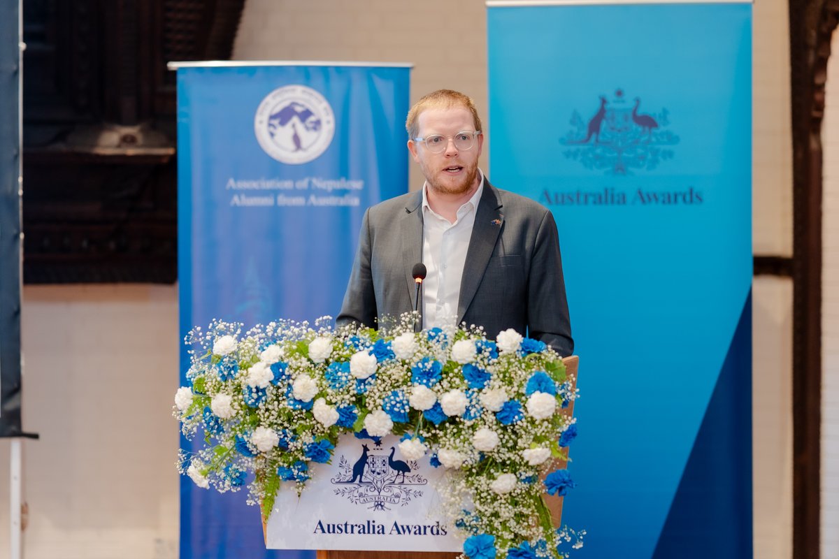 AusAmbNP's tweet photo. During a recent public lecture, renowned geologist and @AustraliaAwards  alum Prof Bishal Nath Upreti warned that a major earthquake is inevitable, and called for stronger infrastructure, early warning systems &amp; public awareness to save lives. https://t.co/qqHLqlwrhj