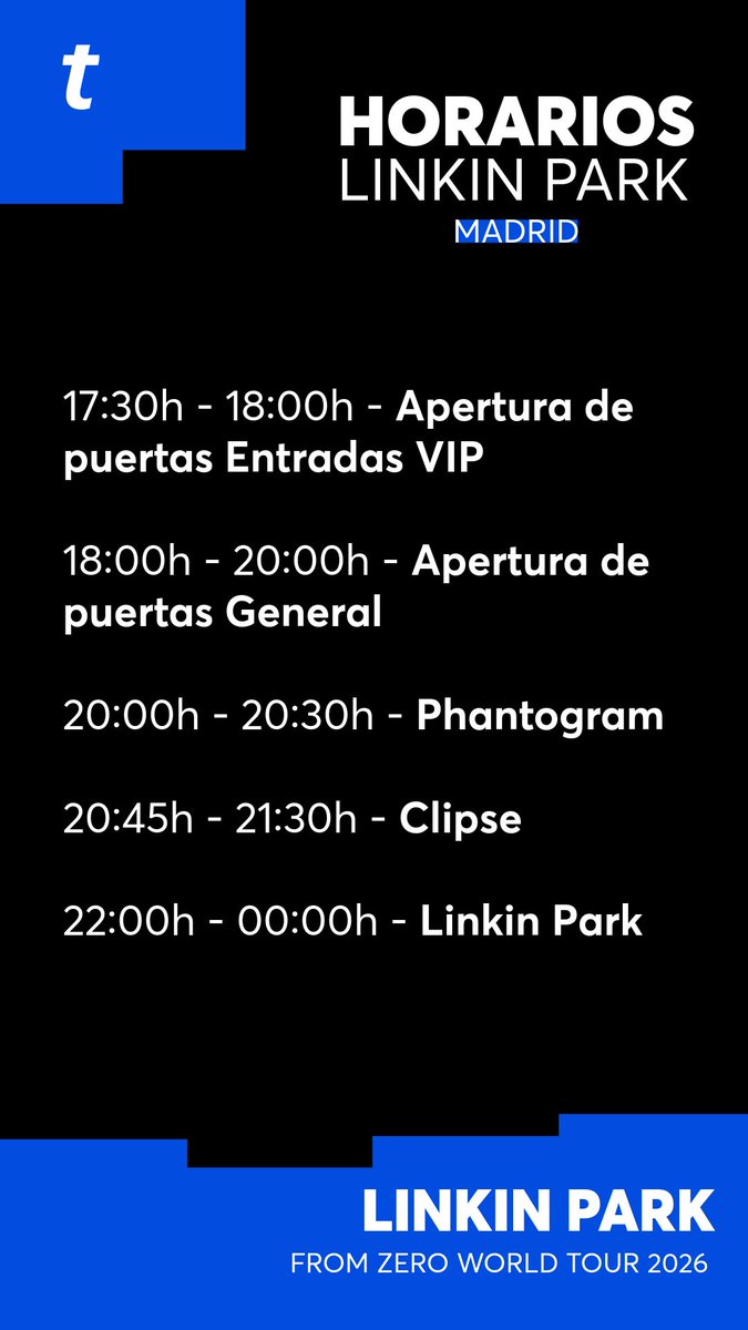TicketmasterES's tweet photo. 🔵 Información oficial horarios Linkin Park: From Zero World Tour 2026 - Madrid https://t.co/a89meLE7C9