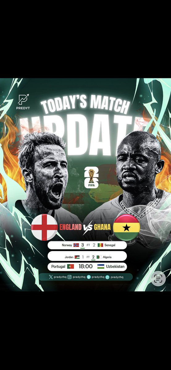 PredytGame's tweet photo. ๐ณ๐ด Norway 3-2 Senegal ๐ธ๐ณ
๐ฏ๐ด Jordan 1-2 Algeria ๐ฉ๐ฟ
Now all eyes are on:
๐ด๓ ง๓ ข๓ ฅ๓ ฎ๓ ง๓ ฟ England vs Ghana ๐ฌ๐ญ
Who takes the three points?
Who ruins everyoneโs prediction slips?
Make your call before kickoff and show us youโre not just watching footballโฆ. youโre reading the game
#predyt https://t.co/IcAfpXOyHM