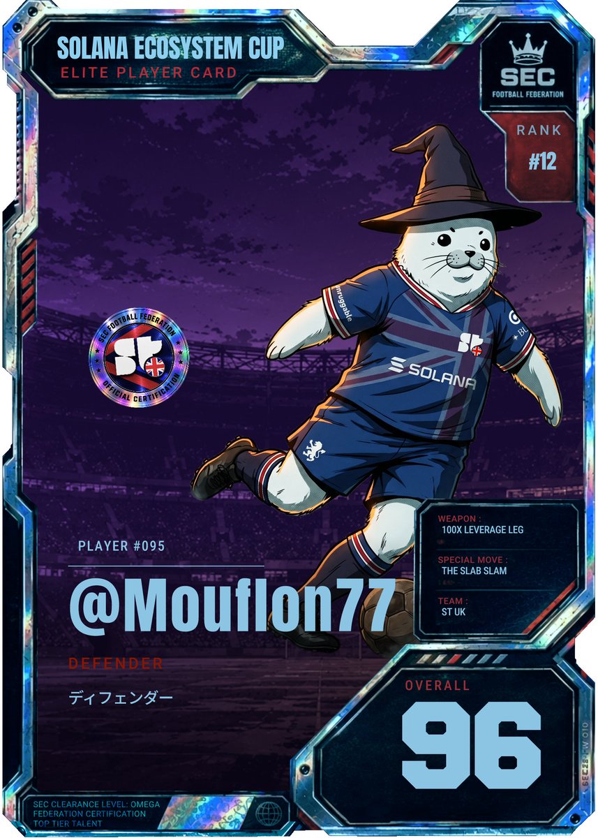 Mouflon77's tweet photo. I pulled my Solana Ecosystem Cup player card at https://t.co/R4X08Ggh2G and got LEGENDARY 96 OVR, repping @SuperteamUK! 

Rank 12!!! https://t.co/P7OhQuCfHh