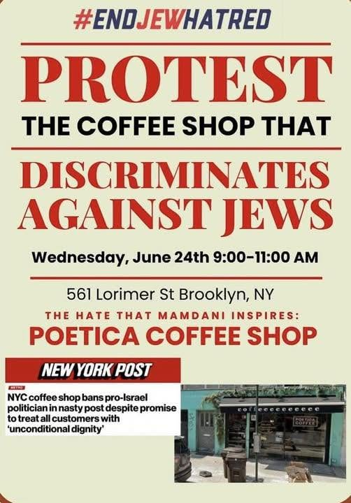 WhimsyWithStyle's tweet photo. Poetica Coffee, in Brooklyn, NY refused to serve a Dan Goldman. That's illegal. (Besides, he's only a shade less anitJew than Lander). Let's tell them on Wednesday, tomorrow, June 24, 9AM, 561 Lorimer St. that we object. #Poetica #antisemitism #endjewhatred https://t.co/i8asO7RwSC