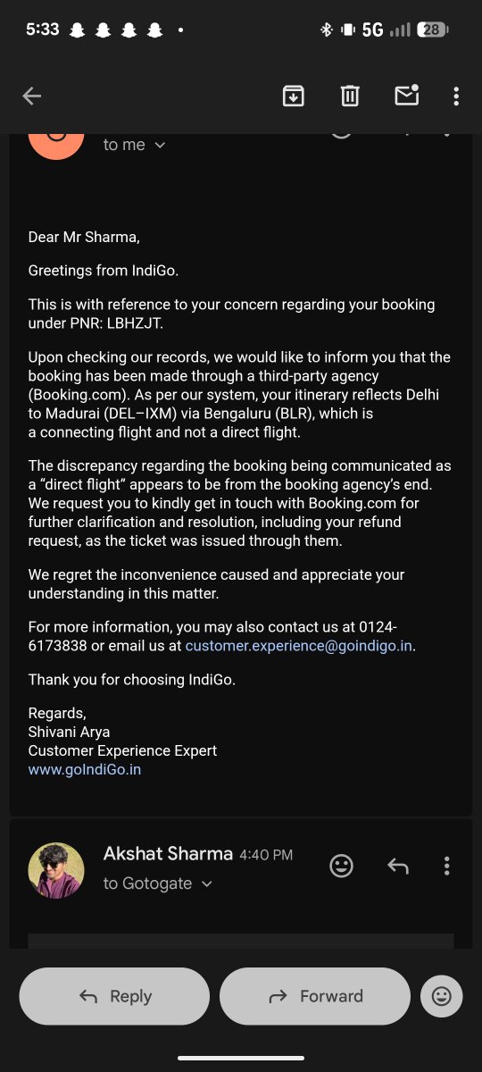 Ak_sharmabjp's tweet photo. @bookingcom @IndiGo6E I paid ~5,000 extra for a direct Delhi-Madurai flight. Before travel, I discovered it had become a connecting flight via Bengaluru. https://t.co/MZ0T3uFHLB blames IndiGo, while IndiGo blames https://t.co/MZ0T3uFHLB. @jagograhakjago

#ConsumerRights https://t.co/d9GWnOZN7I