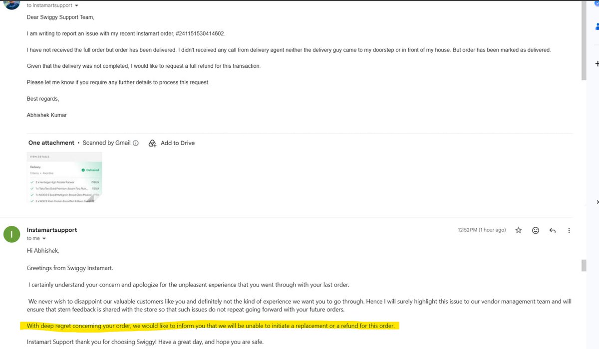 iamAbyK's tweet photo. Hey @Swiggy @harshamjty , charging customers for groceries your delivery partner NEVER delivered is straight-up theft.
Order marked "delivered" but the guy never called or showed up and denial of refund.
order id : 241151530414602
#SwiggyScam #ConsumerCourt #SwiggyInstamart https://t.co/L7MKfCiKEA