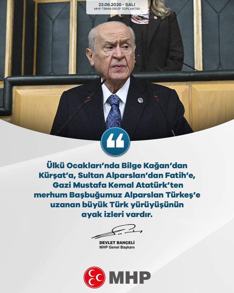buyukataman's tweet photo. Ülkü Ocakları’nda Bilge Kağan’dan Kürşat’a, Sultan Alparslan’dan Fatih’e, Gazi Mustafa Kemal Atatürk’ten merhum Başbuğumuz Alparslan Türkeş’e uzanan büyük Türk yürüyüşünün ayak izleri vardır.

MHP Genel Başkanı
Devlet BAHÇELİ https://t.co/UUN7QnfOYC