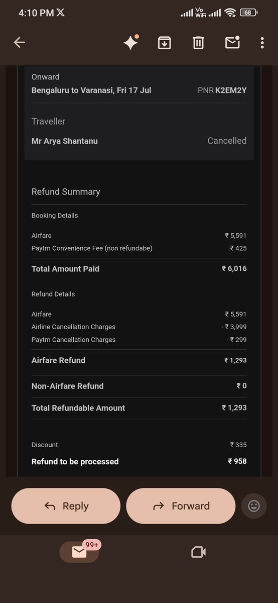 AryaShantanu_'s tweet photo. My flight was cancelled by Akasa Air due to operational reasons and I was informed that I would receive a full refund.But the refund processed includes cancellation charges.Why am I being charged when the airline cancelled the flight?Resolve it PNR:K2EM2Y @AkasaAir @PaytmCheckin https://t.co/crd7ILq3fK