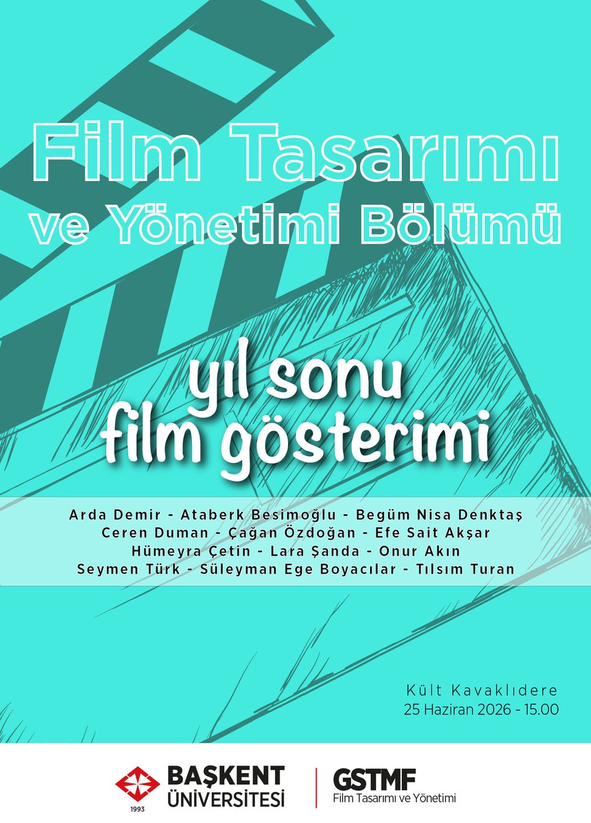 FilmTasarimi's tweet photo. Film Tasarımı ve Yönetimi Bölümü öğrencilerimizin, bu yıl Film Tasarımı Stüdyo ve Mezuniyet Projesi dersleri kapsamında hazırladığı filmlerden oluşan özel bir seçki, Kült Kavaklıdere’de seyirciyle buluşuyor.😍🍿

📍 25 Haziran 2026
🕒 15.00
📌 Kült Kavaklıdere https://t.co/pjl03pRhPK