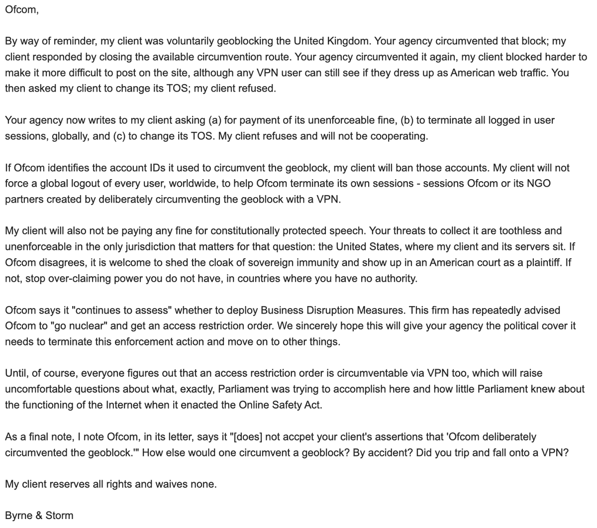prestonjbyrne's tweet photo. Ofcom wrote on the SaSu case today, again. They demanded a TOS update, a forced log out of all sessions globally, and payment of their fine. They also denied deliberately circumventing my client's geoblock of the UK.

This was our response. https://t.co/G9ZxZ4Nsgf