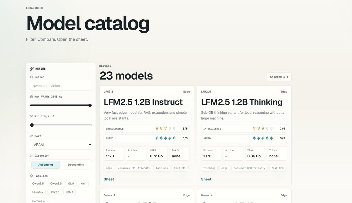 0xZKnw's tweet photo. I just launched LocalIndex  An index to help you choose which local AI model to run based on your hardware :  • minimum VRAM • quantization • tok/s • models that actually make sense on consumer GPUs
Everyone can contribute !
https://t.co/Mp9HAYhu7u https://t.co/sBA8u3aMpq