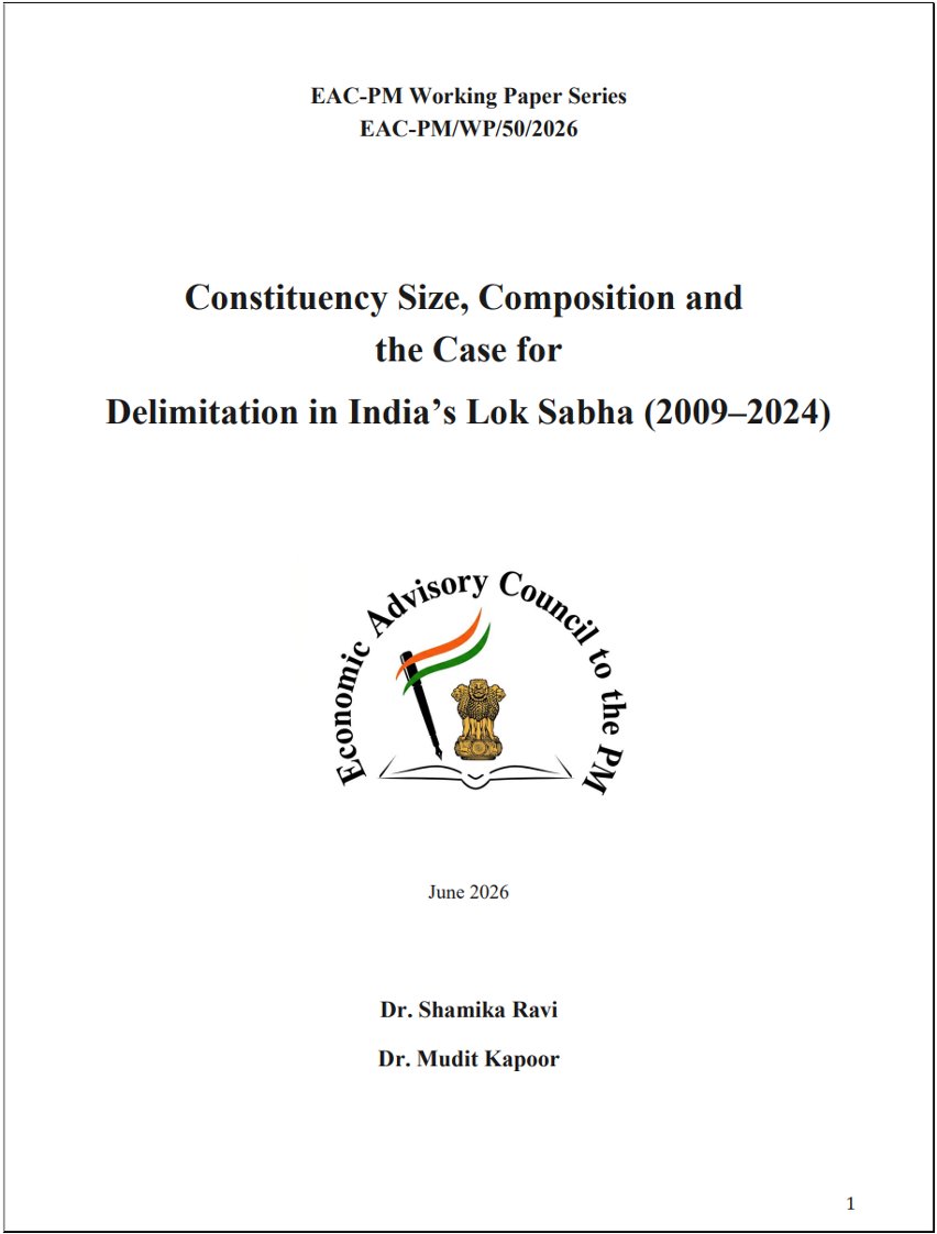 EACtoPM's tweet photo. “Constituency Size, Composition and the Case for Delimitation in India’s Lok Sabha(2009-2024)” by @ShamikaRavi &amp; @muditkapoor. The Delimitation exercise after the 2027 Census is the first opportunity in 5 decades to redraw the size &amp; number of India’s parliamentary constituencies https://t.co/XxFVa9QBsV