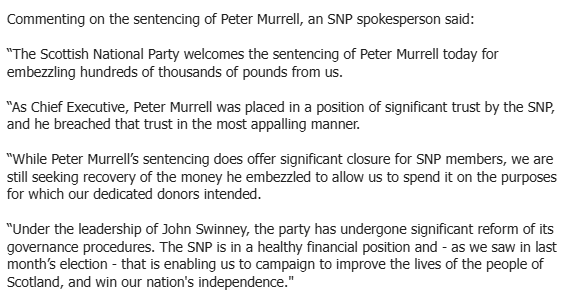 conor_matchett's tweet photo. SNP response to Murrell's sentencing published. We'll get more from Swinney later.

But no apology to donors, members, or independence supporters for its institutional failure to stop Murrell's theiving or its intense denial that anything was in any way wrong https://t.co/8iHOWKERsR
