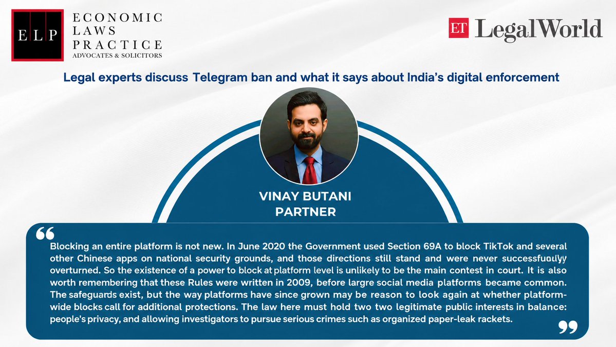 ELPIndia's tweet photo. Our Partner Vinay Butani has been quoted in @EtLegalworld article, “Legal experts discuss Telegram ban and what it says about India’s digital enforcement.”

Read the article here: https://t.co/oCbDwNHVzb

#ELP #TechnologyLaw #DigitalGovernance #DataPrivacy #CyberLaw https://t.co/eoTjr6QPjp