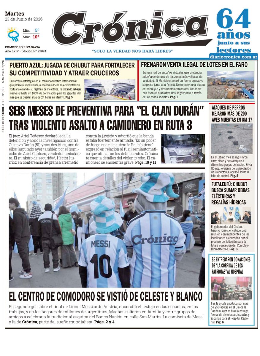 Adn24Digital's tweet photo. #TapasDeLosDiarios  23/6/26- ADN te acerca las principales portadas de los matutinos de #SantaCruz la región y #Argentina https://t.co/cuexeYPYwN