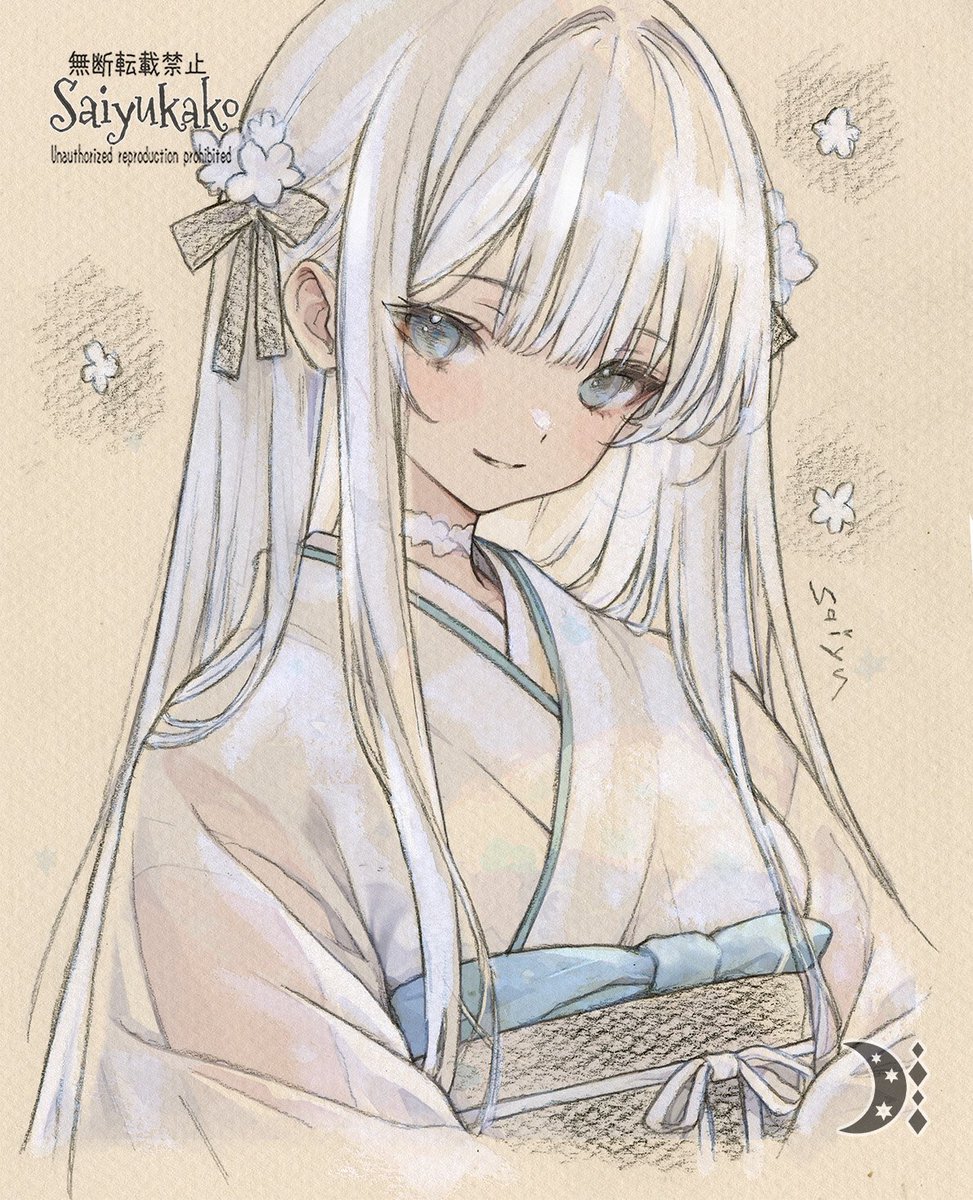 saiyukako's tweet photo. 🌙月が綺麗な夜よりも、雨が降る朝よりも。

白い髪、
淡い青の差し色、
柔らかな着物。

そして少しだけはにかんだような、
その微笑みに、何度でも恋をする。 https://t.co/8Dcs49jkpF