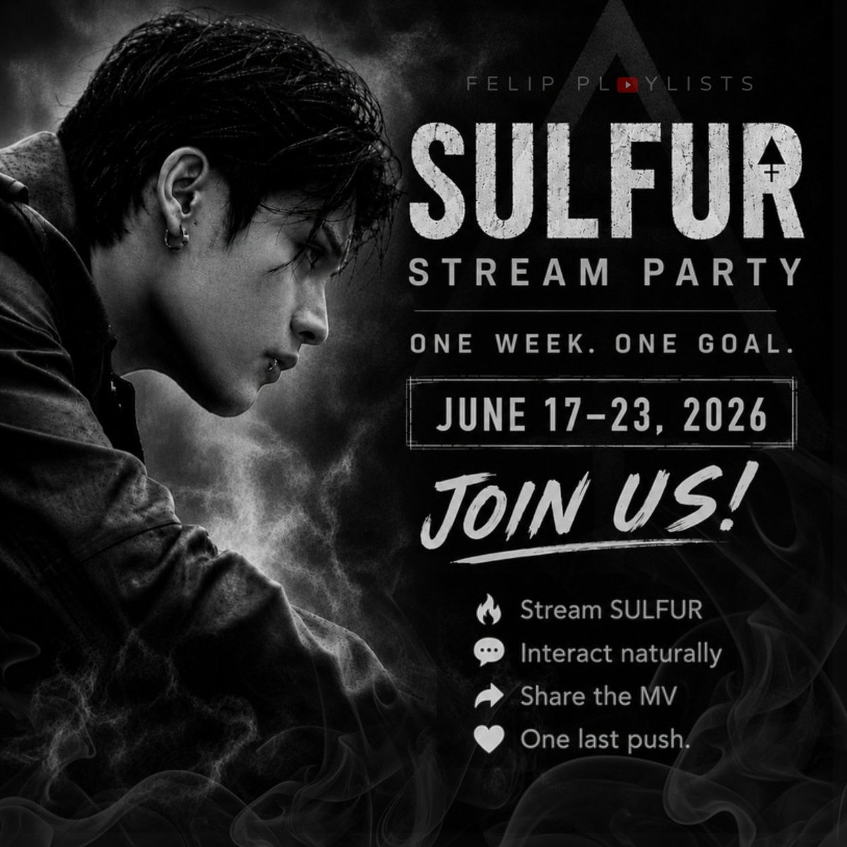 felipplaylist's tweet photo. One Week. One Goal.🜍

This is it. Day 7.

Let's make our final day count!🔥

Stream. Share. Engage.

▶https://t.co/N3TyJrfrba

SULFUR STREAM PARTY 
@felipsuperior #FELIP
#FELIP_SULFUR https://t.co/26ncVvTsJH