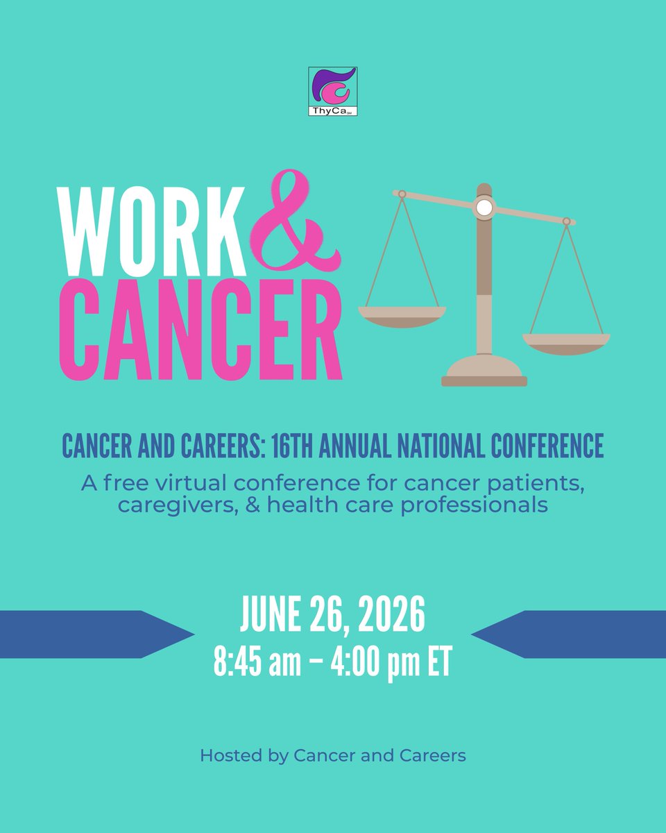 ThyCaInc's tweet photo. Navigating cancer while managing work responsibilities can be challenging. Join this free virtual conference to explore the complexities of balancing treatment and recovery with employment. 💻💜

Hosted by @CancerandCareers

Register today: https://t.co/RUlpxCdMPC ✅ https://t.co/mHZYO1v2Em
