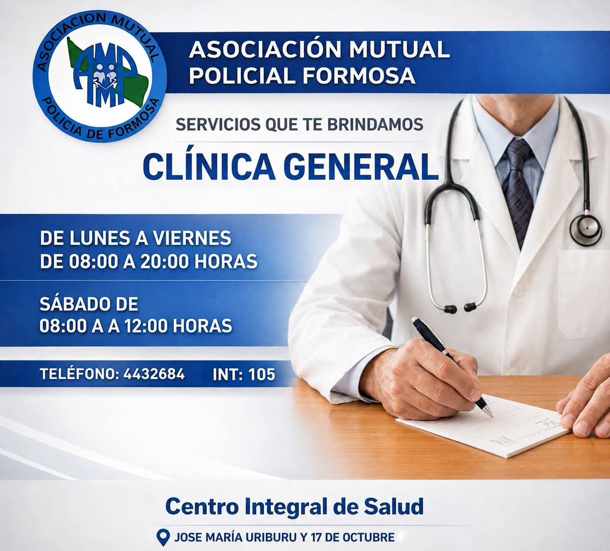 FMVisionFormosa's tweet photo. 🩺 El Centro Integral de Salud de la Asociación Mutual Policial Formosa pone a disposición de sus afiliados el servicio de Clínica General, una prestación fundamental para el cuidado integral de la salud y la atención médica en cada consulta https://t.co/HNXWT8UuRy