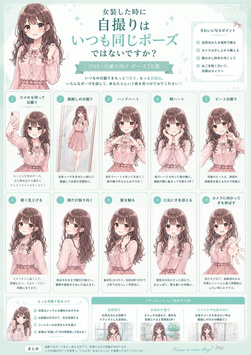 reinainusa's tweet photo. 【保存版】女装自撮りが劇的に可愛くなるポーズ10選✨

「いつも同じポーズになる…」とお悩みの方必見！
王道のスマホ持ちから、
あざと可愛い頬ハート、
自然な髪触りまで徹底網羅
これさえ見れば毎日の自撮りがもっと楽しく最高に可愛くなります。
後で見返せるように【ブックマーク】推奨です👇 https://t.co/WVgnJR0nSt