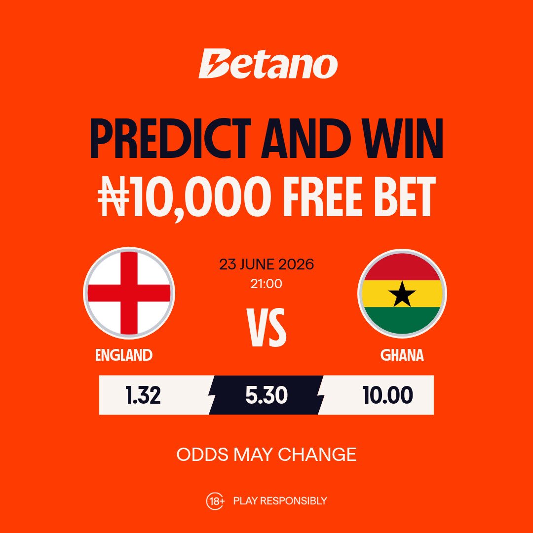 ambiedollaz's tweet photo. England 🇬🇧 vs Ghana 🇬🇭

What’s your prediction? 👀

Drop the correct score and stand a chance to win a ₦10,000 FREE BET with Betano. 🔥 https://t.co/XBDip07ckD