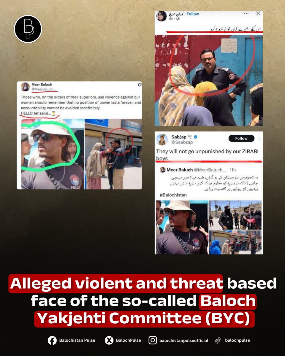 BalochPulse's tweet photo. Baloch Yakjehti Committee, which presents itself as a peaceful and public representative voice, is in reality the opposite. In recent days, members of the Baloch Yakjehti Committee (BYC) have allegedly shared photos of police personnel on social media and issued threats to kill them. There are also clear pieces of evidence of the involvement of the Baloch Yakjehti Committee in attacks and targeted killings of security personnel in the past.During the “Raji Machi” gathering as well, BYC members allegedly threw stones at an FC official, as a result of which he lost his life. Security officials state that such elements pose a threat to peace and order in the region.
