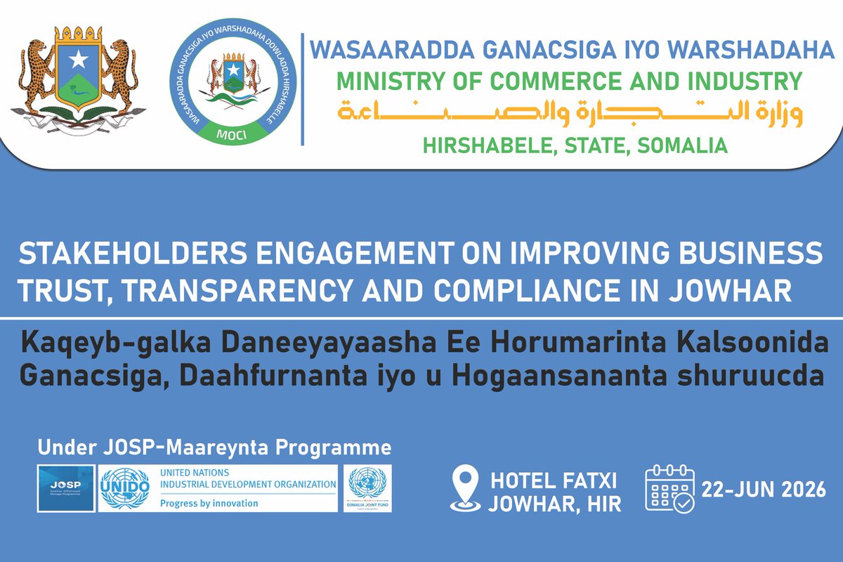 Amb_Husseini's tweet photo. The Ministry of Commerce &amp; Industry of Hirshabelle successfully convened a stakeholder engagement meeting in Jowhar, bringing together the District Commissioner, Mayor, business leaders, community representatives, and key partners. https://t.co/3VZcwKJCmB