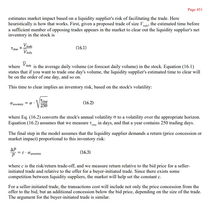 GoshawkTrades's tweet photo. why your strategy's live results are worse than the backtest, and it gets worse the more you scale.

from Grinold & Kahn's Active Portfolio Management.

the rule of thumb: it costs roughly one day's volatility to trade one day's volume.

and the real issue, market impact doesn't scale linearly with size. it scales with the square root.

that means if you double your position size, your cost doesn't double. it goes up by ~41%. trade 4x the size? cost doubles. trade 100x? cost goes up 10x.

it's actually worse than that for your wallet. since total cost = cost per share × shares traded, your total dollar cost scales with the 3/2 power. double your size and total cost climbs ~2.83x.

look at the chart (Figure 16.1), actual empirical data from tracking bids on different block sizes. the square root fit is almost perfect.

this is why a strategy that looks incredible at $10K can look mediocre at $100K and completely break at $5m . your backtest assumed zero market impact. but on newer markets and especially anything pre market / after hours, these costs exist.