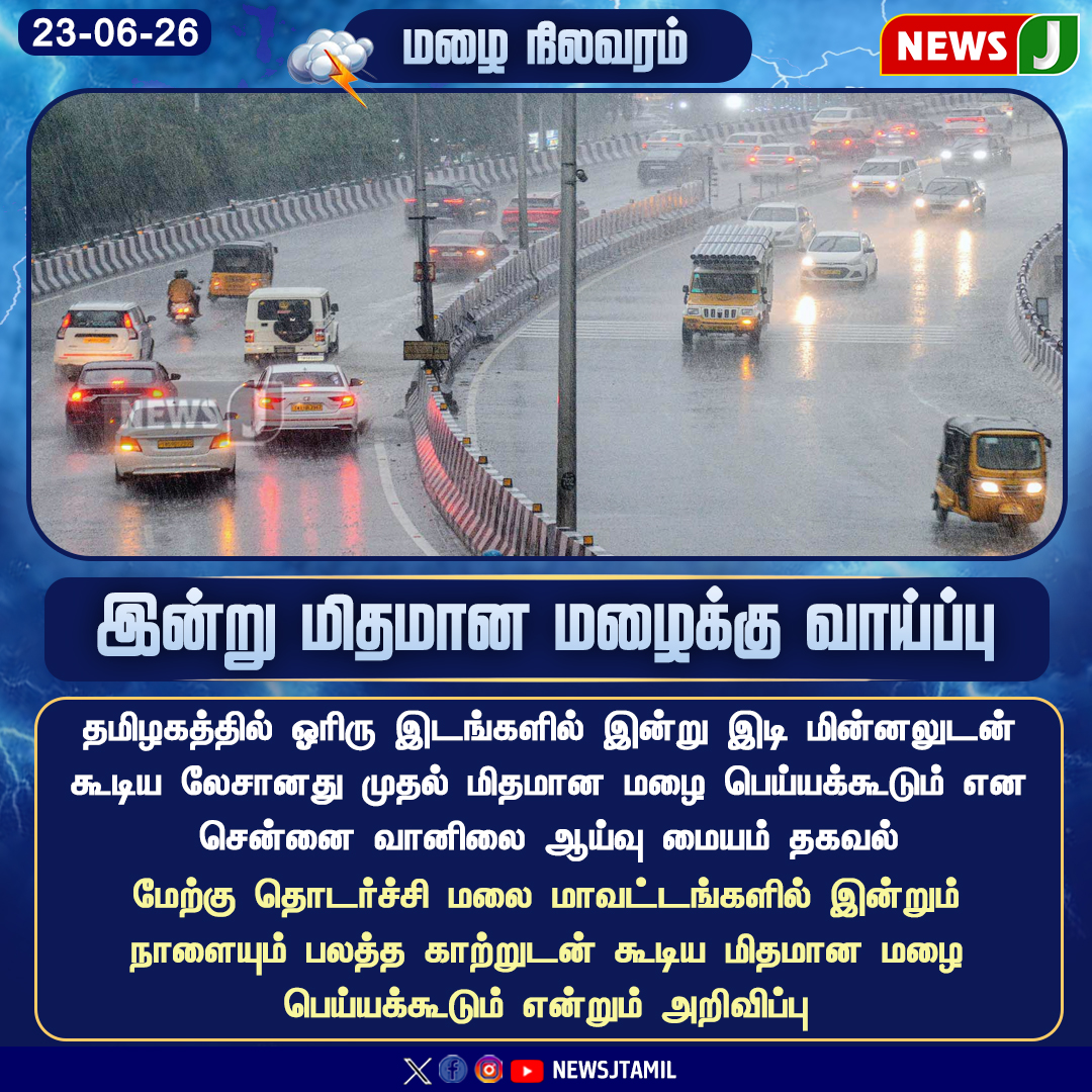 NewsJTamil's tweet photo. #NEWSUPDATE || இன்று மிதமான மழைக்கு வாய்ப்பு..!

#ChennaiWeather #TamilNaduRain #TodayWeather #RainUpdate #MonsoonUpdate #WeatherNews #LightRain #ModerateRainChance #SouthIndiaWeather #newsj https://t.co/UpjUJN8xkG