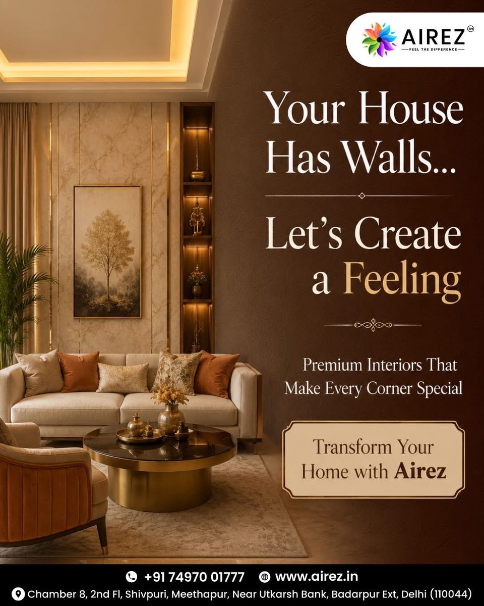 airezin's tweet photo. ✨ A house is built with walls, but a home is built with emotions. ✨

Every corner has the potential to tell a story, reflect your personality, and create memories that last a lifetime. At AIREZ, we transform ordinary spaces into warm, elegant interiors designed around the way you live.

🏡 Premium designs. Thoughtful details. Timeless comfort.

📞 Ready to create a home that truly feels like yours? Connect with AIREZ today.

#AIREZ #HomeInteriors #LuxuryLiving #InteriorDesign #DreamHome #ModernInteriors #HomeTransformation #ElegantSpaces #DelhiNCRHomes #PremiumInteriors #LivingRoomDesign #HomeDecorIdeas #InteriorInspiration #DesignYourSpace #LuxuryHomes