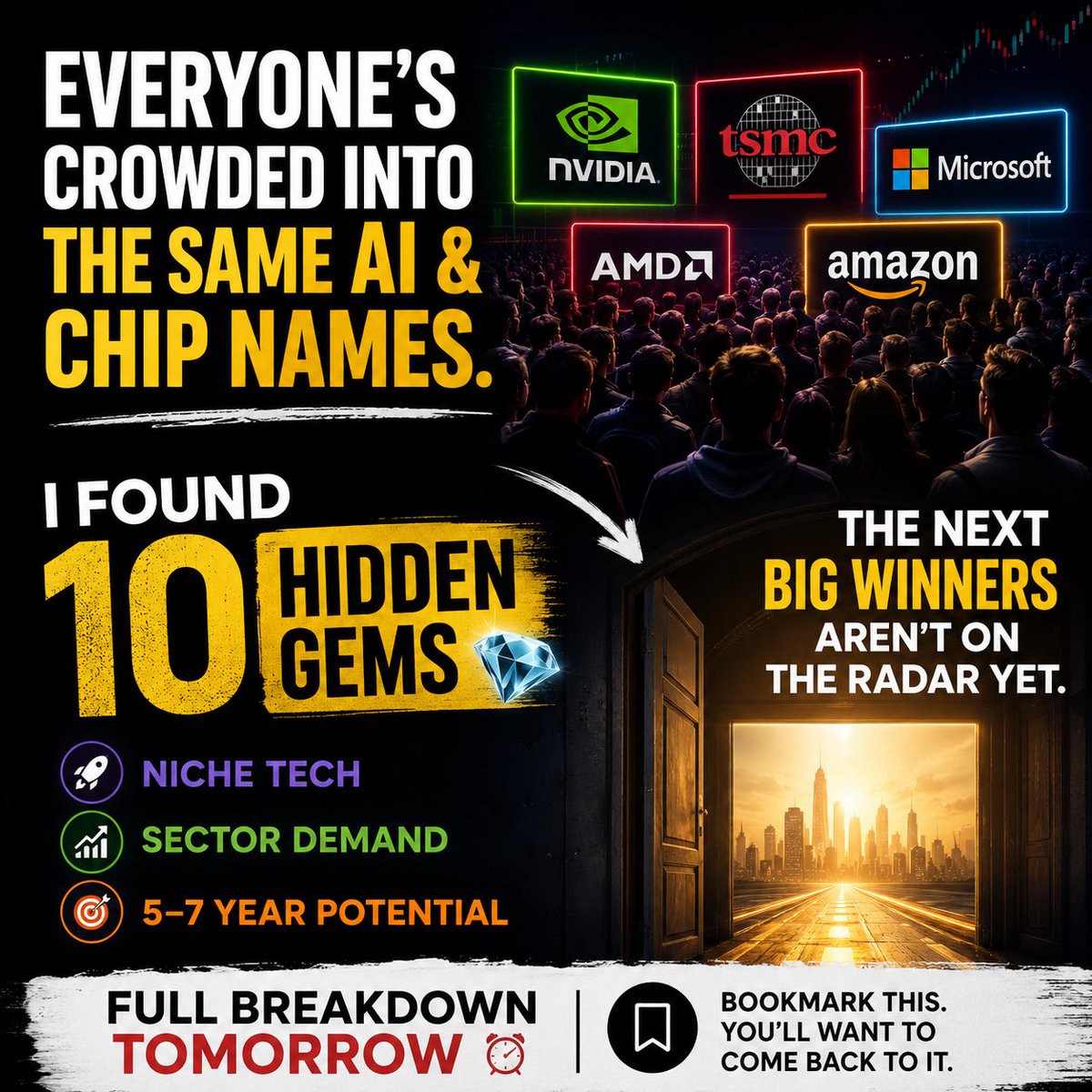 Micro2Large's tweet photo. 🚨 While everyone fights over AI stocks

I’ve been researching 10 hidden companies that could shape the next 5–7 years 👀

Unloading from tomorrow ✅

🔖 Bookmark this. 👇

#FuturePortfolio
#Nifty
#IPOAlert https://t.co/gMEQoESAbT