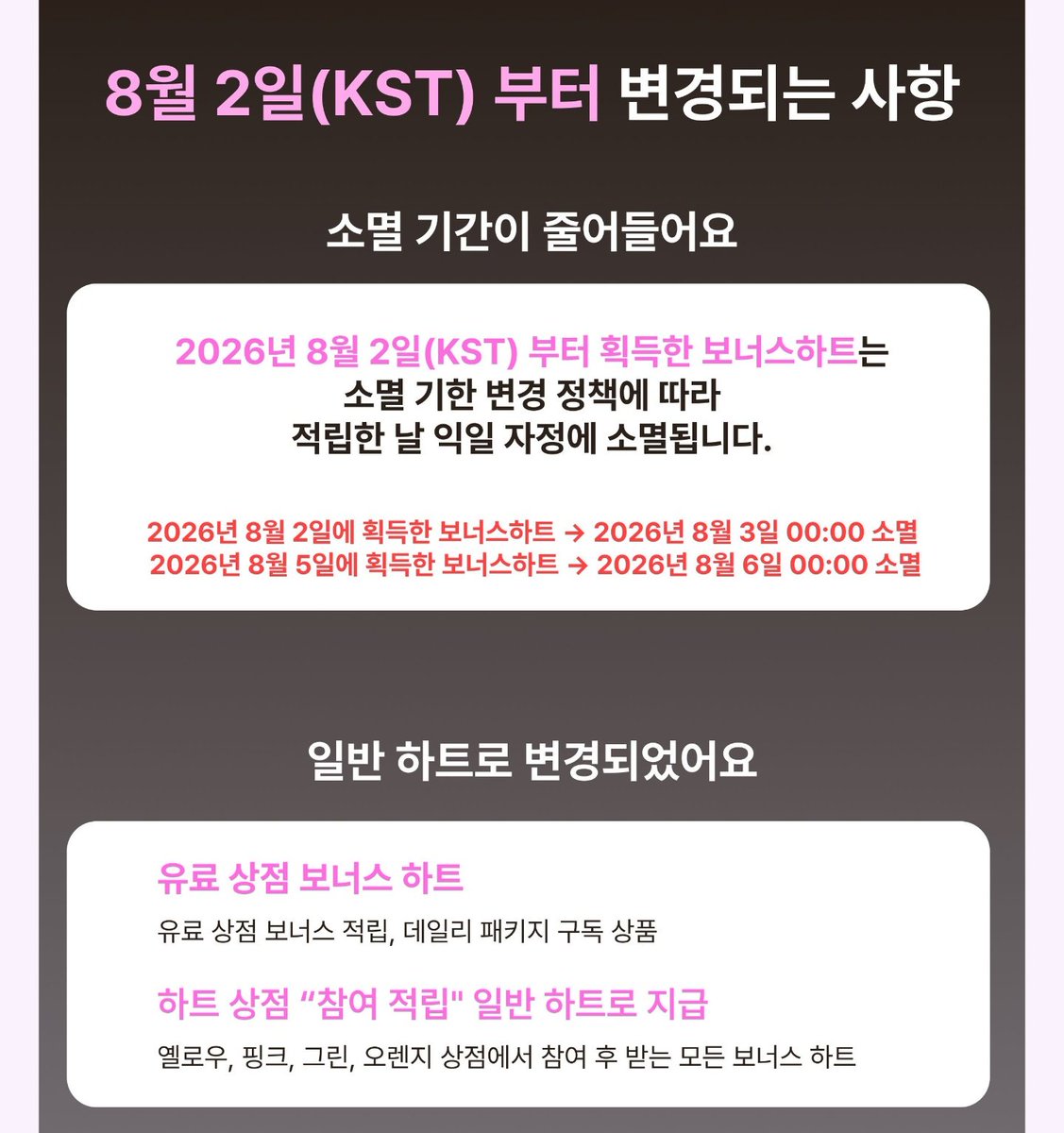 Pureum_0312's tweet photo. ⚠️ I도KI 재화 유효기간 변경 공지

✔️보너스하트 유효기간 30일 → 적립 익일 자정까지
✔️8/1까지 보유 보너스 하트는 일반하트로 변경 예정

보너스하트: 기존에 출석, 연속투표, 광고, 뮤비로 취득한 하트
일반하트: 하트상점 참여적립 하트 https://t.co/wDGTsvdxV4