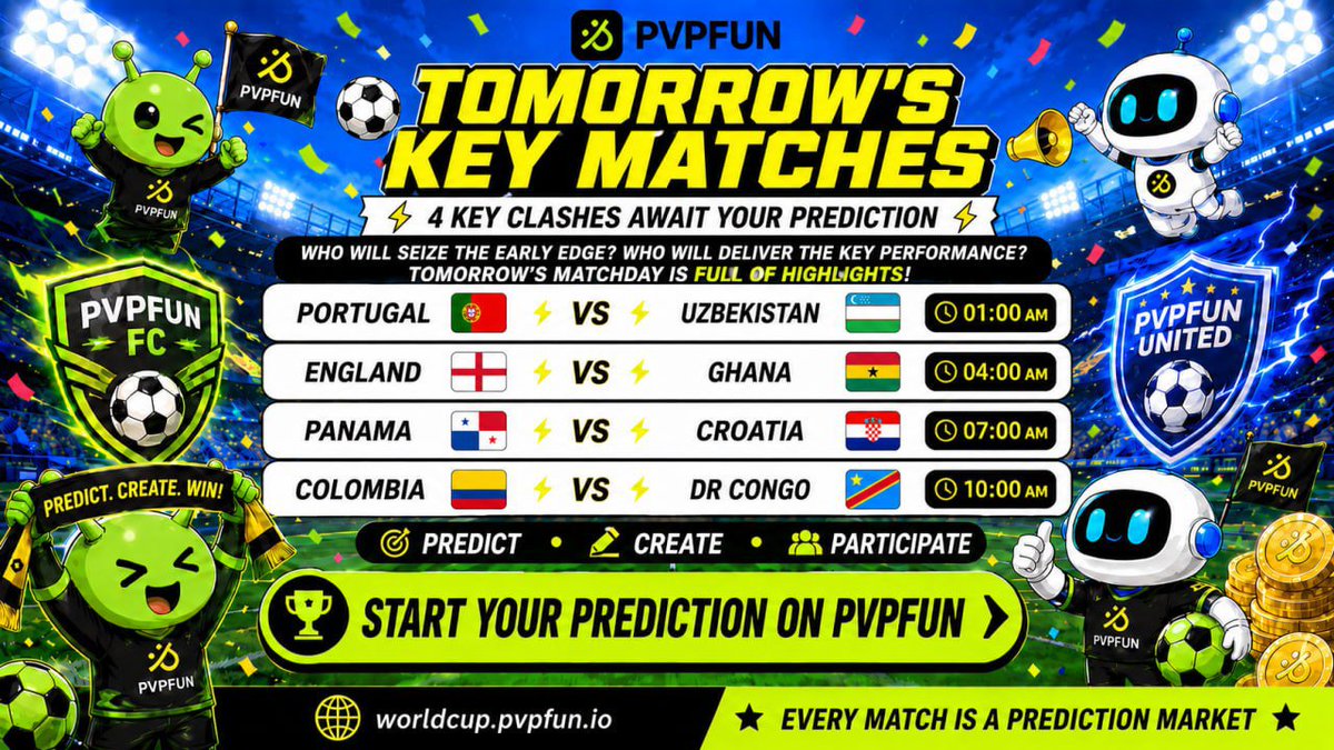 pvpfun_ai's tweet photo. ⚽️ Tomorrow’s Key Matches Are Coming!

Can Portugal seize the early edge?
Can England continue their strong form?
Croatia and Colombia — who will deliver the key performance?

The World Cup continues, and four key clashes are about to kick off tomorrow
On PVPFUN, every match can become a prediction market for global users to join

🔥 Predict results
⚡️ Create markets
🌍 Join global prediction discussions

📅 June 24 Schedule (UTC+8)

🇵🇹 Portugal 🆚 🇺🇿 Uzbekistan
🕐 01:00 AM
👉 https://t.co/ot1b3zZlRf

🏴󠁧󠁢󠁥󠁮󠁧󠁿 England 🆚 🇬🇭 Ghana
🕓 04:00 AM
👉 https://t.co/cyOimO127e

🇵🇦 Panama 🆚 🇭🇷 Croatia
🕖 07:00 AM
👉 https://t.co/3oJD77FSRU

🇨🇴 Colombia 🆚 🇨🇩 DR Congo
🕙 10:00 AM
👉 https://t.co/93EajorX1e

Predict · Create · Participate

Start your predictions on PVPFUN👇
🌐 https://t.co/F3fyvJtHBd

Every match is a prediction market