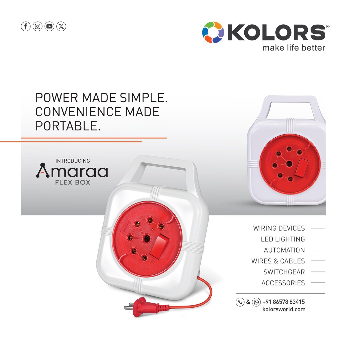 KolorsIndia_tw's tweet photo. Designed for everyday convenience, Kolors Amaraa Flex Box brings multiple power points together in one compact, easy-to-carry solution for homes, workspaces and daily use.π
#AmaraaFlexBox #FlexBox #Electical #ExtensionCord #Kolors https://t.co/BdvbJjOuWm