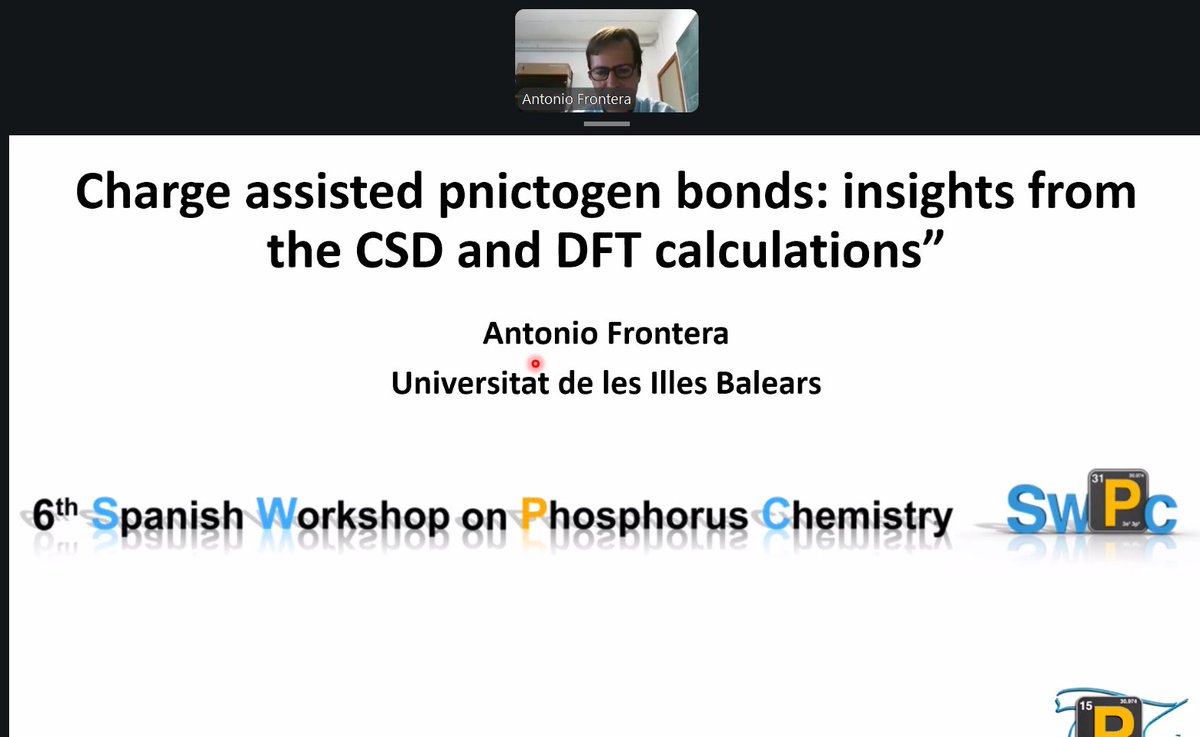 PhosChemSpain's tweet photo. The turn of Antonio Frontera (@UIBuniversitat) at #SWPC:🧪 “Charge assisted pnictogen bonds: insights from the Cambridge Structural Database and DFT calculations”A study combining database analysis and computational approaches to investigate pnictogen bonding. https://t.co/RxCIiYyHGd