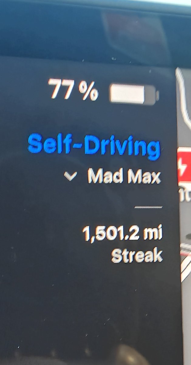 NatureBeeing's tweet photo. Just hit a 1500 mile streak with FSD(Supervised). Which means my car has driven and parked for me 100% without any intervention for 1500 miles straight. 

So my car has drove me to work, to th grocery store, out to eat, to th movie theater, to my house, and pretty much anywhere I want without me ever having to touch th steering wheel or pedal. 

I'm curious to see other high streaks, I'm planning to never end mine. 

Also no confetti at 1500 unfortunately lol 
@Tesla_AI @Tesla @elonmusk @SawyerMerritt