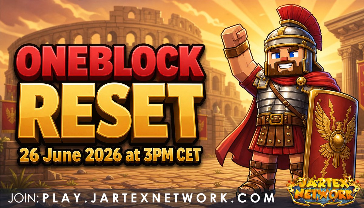 JartexNetwork's tweet photo. JartexNetwork - OneBlock Reset

OneBlock will reset this Friday 26 june 2026 at 3PM CET!

📚Find out more: https://t.co/Q5NRft6CLn

We are giving away the following:
  ▪️ 1x €50 gift card

▶️Like, Follow Retweet to win! https://t.co/jFORFBhrjX