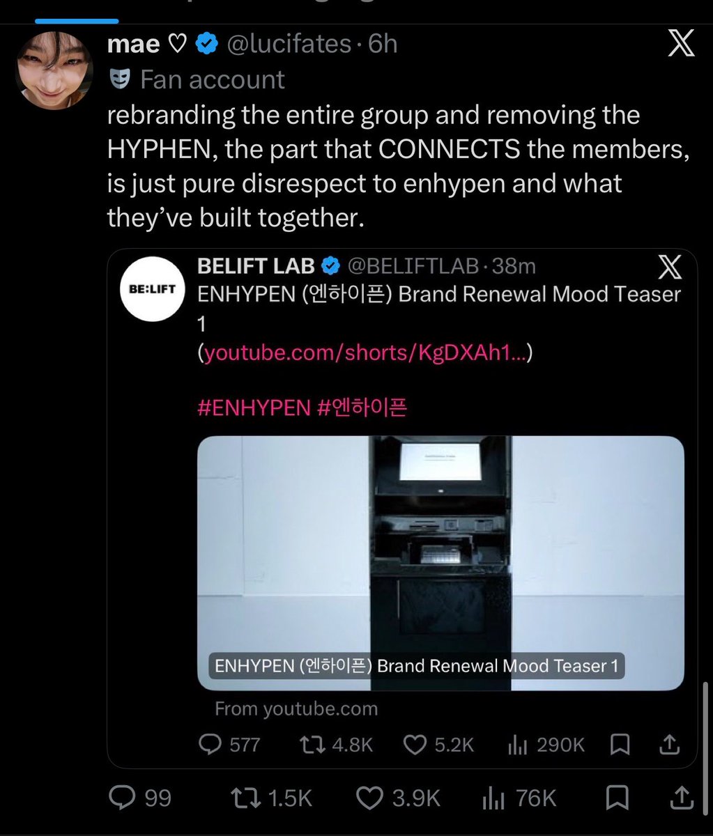 SaiSaikeu's tweet photo. @lucifates wether you intend to or not, these kinds of posts create negativity around enhypen and spread far beyond your own account.

within a few hours we’ve gone from “i can’t even tell that’s enhypen anymore” to “they’re erasing enhypen’s past” to questioning their future, their identity, and even their concept.

it’s a logo rebrand.

enhypen are still enhypen. enhypen are preparing for a comeback, a new era, and a new music. 

at some point you have to acknowledge the impact of constantly pushing the most pessimistic interpretation possible. not everything is an erasure. not everything is a disaster. not everything is a reason to panic.

the members have spent years building enhypen. a logo change doesn’t erase their history, achievements, or the memories that have been created. 

all you do is create unnecessary doomposting that spreads across platforms and ends up hurting excitement for enhypen’s own activities. The very own activities they work hard on… is that really what you want for enhypen?

if you personally don’t feel connected to enhypen anymore, that’s your right. but please stop projecting that feeling onto the rest of the fandom and turning it into a crisis. because the people affected most by your constant negativity are enhypen themselves.