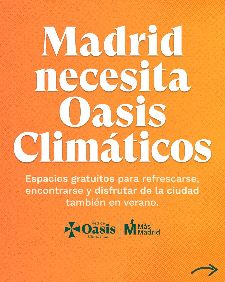 MasMadridCiudad's tweet photo. Hoy Madrid alcanzará los 40º C y Almeida, desde su despacho o su coche oficial con el aire acondicionado a todo trapo, no hace nada.

Queremos adaptar la ciudad a olas de calor cada vez más recurrentes y veranos más duros con una red de espacios públicos adaptados a las altas temperaturas.

Esta es nuestra propuesta de Red de Oasis Climáticos: