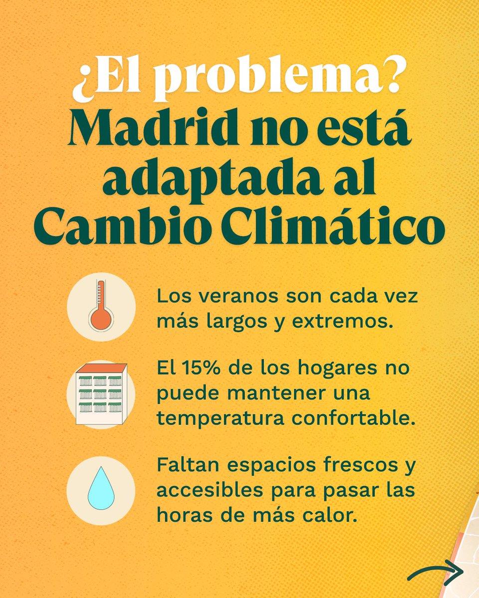 MasMadridCiudad's tweet photo. Hoy Madrid alcanzará los 40º C y Almeida, desde su despacho o su coche oficial con el aire acondicionado a todo trapo, no hace nada.

Queremos adaptar la ciudad a olas de calor cada vez más recurrentes y veranos más duros con una red de espacios públicos adaptados a las altas temperaturas.

Esta es nuestra propuesta de Red de Oasis Climáticos:
