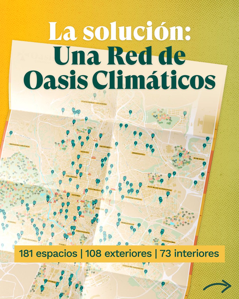 MasMadridCiudad's tweet photo. Hoy Madrid alcanzará los 40º C y Almeida, desde su despacho o su coche oficial con el aire acondicionado a todo trapo, no hace nada.

Queremos adaptar la ciudad a olas de calor cada vez más recurrentes y veranos más duros con una red de espacios públicos adaptados a las altas temperaturas.

Esta es nuestra propuesta de Red de Oasis Climáticos: